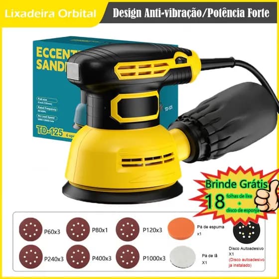 Lixadeira Roto Orbital Elétrica 60hz 300w 125mm Com Coletor de Pó Aplicável Madeira Metal