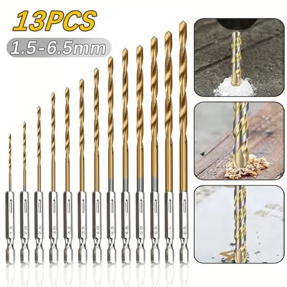13PCS Brocas para furadeira Hexagonais Titânio HSS Troca para Haste Hexagonal Para Metal , Aço , Madeira E Plástico