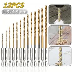 13PCS Brocas para furadeira Hexagonais Titânio HSS Troca para Haste Hexagonal Para Metal , Aço , Madeira E Plástico