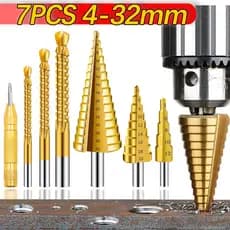 jogo 7 brocas escalonada Titânio Aço 32mm Broca Corte Marcador Punção Com Estojo Organizador P/Metal Aluminio Cobre