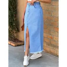 Saia Jeans feminina saia longa Midi Cintura Alta Moda 8100