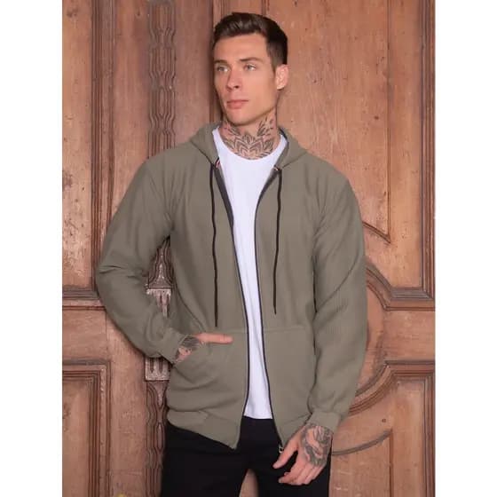 Blusa de Frio jaqueta casual Masculino Lisa Basíca trama Canelada Com Capuz Zíper Bolsa Inverno