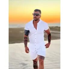Camisa conjunto lisa Masculinaa Praia Verão Manga Curta Viscose