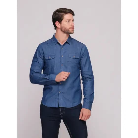 Camisa jeans Manga longe masculina lisa com bolso importado