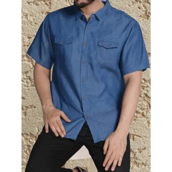 Camisa jeans masculina manga curto lisa importado com bolso Verão Botão  Bolso