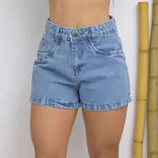 Shorts Jeans Feminino Mom Cintura Alta Lisa Com Bolsos 8157