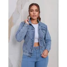 Jaqueta Jeans Feminina manga longa botao encapado para Primavera e inverno
