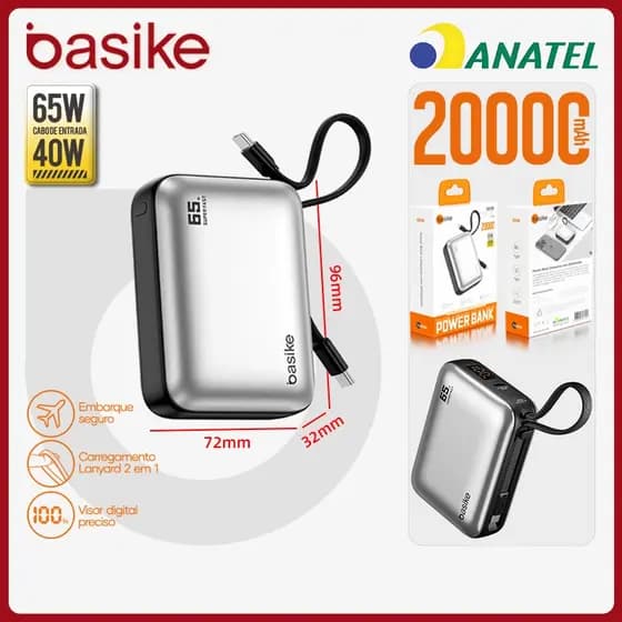 Basike Power Bank Turbo 20000mAh 65W TurboCharge，Carregador Portátil Rápido com Cabo Incluso e Display Digital，b203b