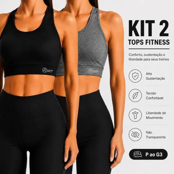 Kit 2 Tops Fitness Feminino Academia Alta Sustentação Suplex Reforçado s/ bojo Plus Size G ao G3