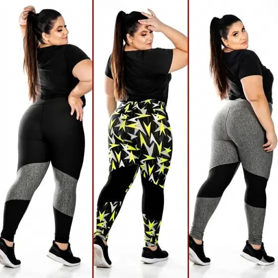 KIT 02 Leggings Calça De Malhar Cós Alto Plus Size 50 ao 56 Com Detalhe (LX003) Estampas SORTIDAS