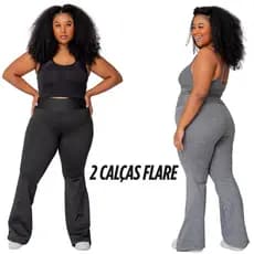 Kit 2 Calças Flare Plus Size Feminina Cintura Alta - Veste 50 a 56 - Lisa e Mescla