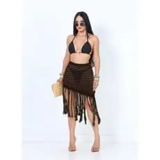 Saída de Praia Saia Feminina Tricot Crochê com Franjas – Estilo Luxo Verão – Tamanhos 36 ao 44