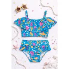 Biquíni Infantil Top de Alça com Babado e Calcinha Modelo Confort Estampas Vivas em Suplex M ao GG