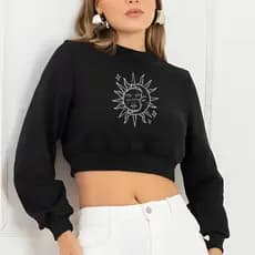 Cropped de Moletom Street Wear Estampado Sol e Lua Blusa De Frio Curta Com Manga Longa Quentinho