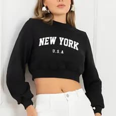 Cropped de Moletom Street Wear Estampado New York Usa Blusa De Frio Curta Com Manga Longa Quentinho