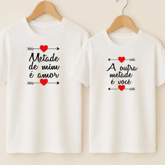Camiseta Estampa Metade de Mim É Amor A Outra Metade É Você Romântico Look Conjunto Combinando Fofo