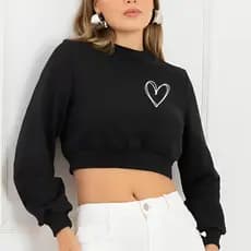 Cropped de Moletom Street Wear Estampado Coração Linhas Blusa De Frio Curta Com Manga Longa Quentinho