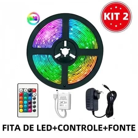 KIT1/2/3/4 Fita Led Rgb 3528 Colorida 5m + Controle+Fonte 300 Led Decoração Casa Loja Gesso Teto Sanca Vitrine FLUX
