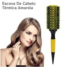 Escova De Cabelo Térmica Amarela Cerdas De Javali Mista Madeira