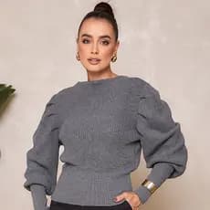 Blusa Tricô Modal Feminina Manga Longa Bufante Princesa Elegante Inverno Ajustada Tendência 2026