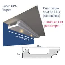 kit 12 metros Sanca Colonial 22cm EPS Embutir Spot e Fita de LED isopor rodateto moldura cantoneira
