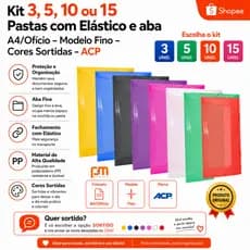 Kit 3, 5, 10 ou 15 Pastas com Elástico e aba A4/Ofício – Modelo Fino – Cores Sortidas