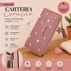 Carteira Feminina Grande Porta Cartão Zíper Coração Presente Dia das Mães Dia dos Namorados Moderna, Compacta e Espaçosa
