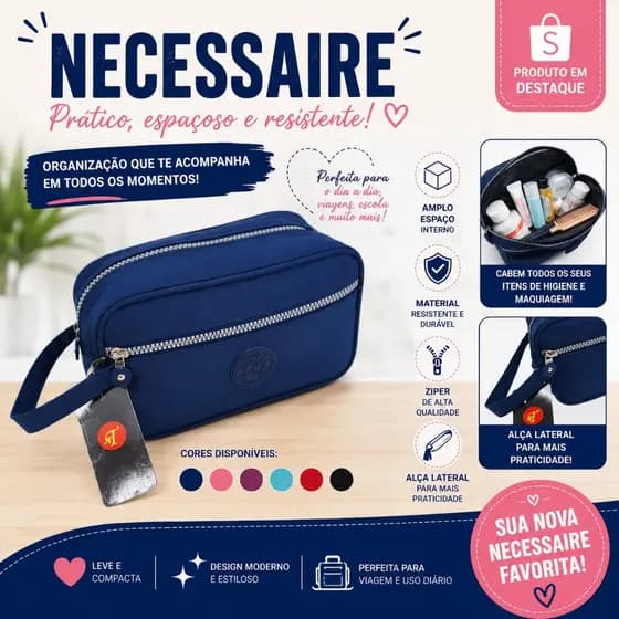 Necessaire Feminina Grande 25cm Estojo Multiuso Nylon Maquiagem Escolar Viagem com Zíper Duplo 5628