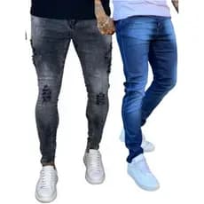 Kit 2 Calça Jeans Masculina Skinny Destroyed Rasgada Lavagem Clara com Elastano - Cinza Grafite