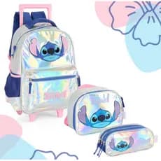 Mochila De Rodinhas e costas Stitch Holográfica Lancheira Estojo Original Luxcel Disney