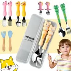 Conjunto kit Talheres Infantil c/ Estojo Garfo Faca colher 2 pc Inox Marmita Viagem fofo menino