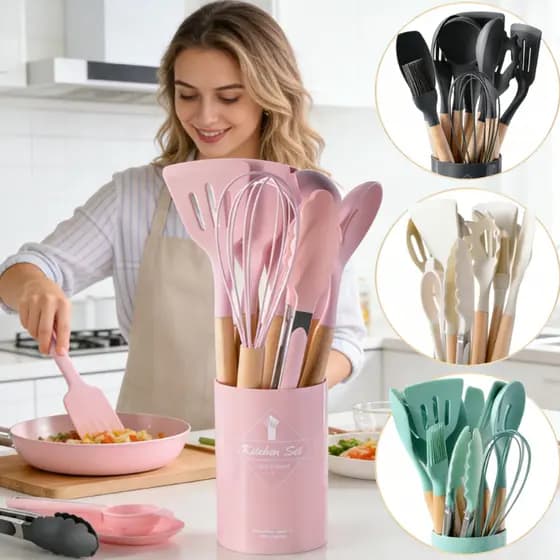 Kit Utensílios de Cozinha em Silicone e Bambu | 12 Peças – Lançamento 2025