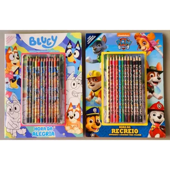 Livro para Colorir Infantil Bluey e Patrulha Canina - Páginas Coloridas + Lápis Personalizado.