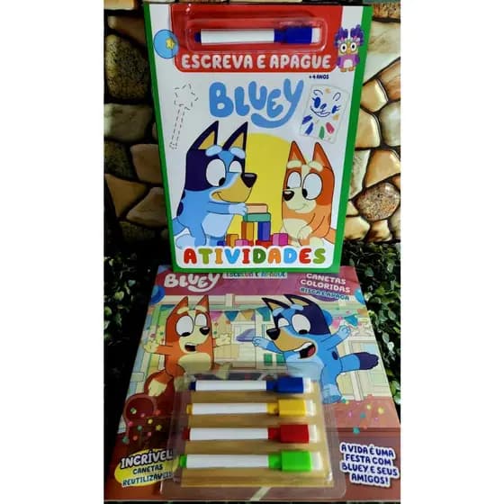 Combo Bluey Escreve e Apaga | 2 Livros de Atividades com 5 Canetinhas | Educativo Infantil