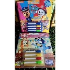 Livro Infantil Bluey e Patrulha Canina de Atividades-Escreve e Apaga com 4 Canetinhas | Educativo Colorido