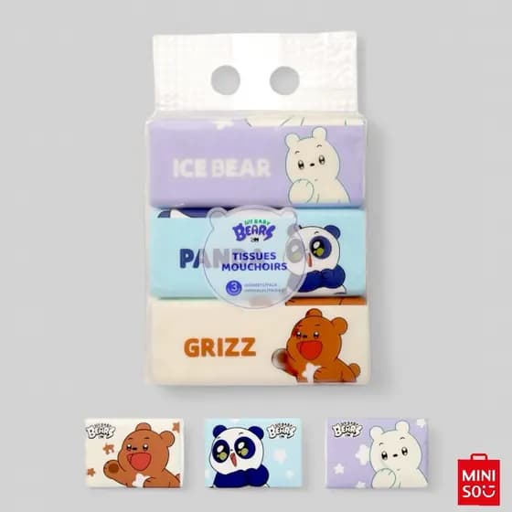 Pacote de Lenços Faciais We Baby Bears Miniso – 3 Pacotes com 100 Folhas Cada | Papel Macio e Absorvente