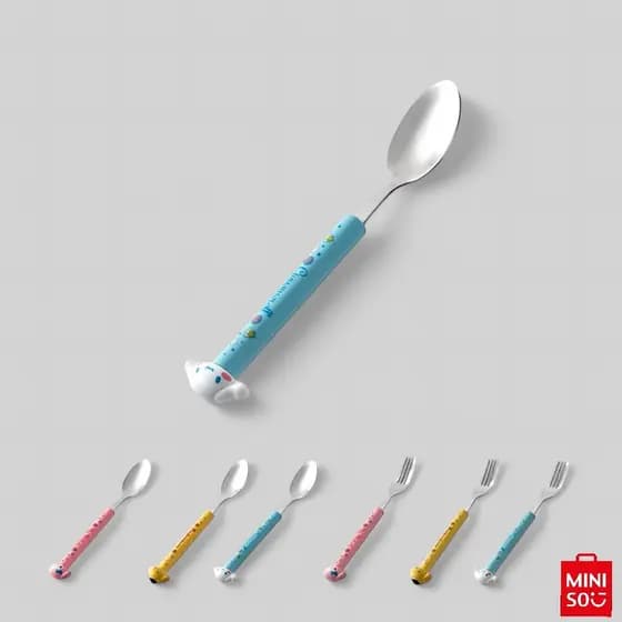 Kit de Talheres Sanrio Miniso Colher e Garfo em Aço Inox com Cabo Colorido (Cinnamoroll, My Melody, Pompompurin, Kuromi)