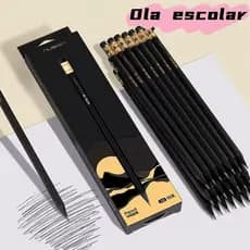 kit 10 lapis HD black wood com borracha preto material escolar