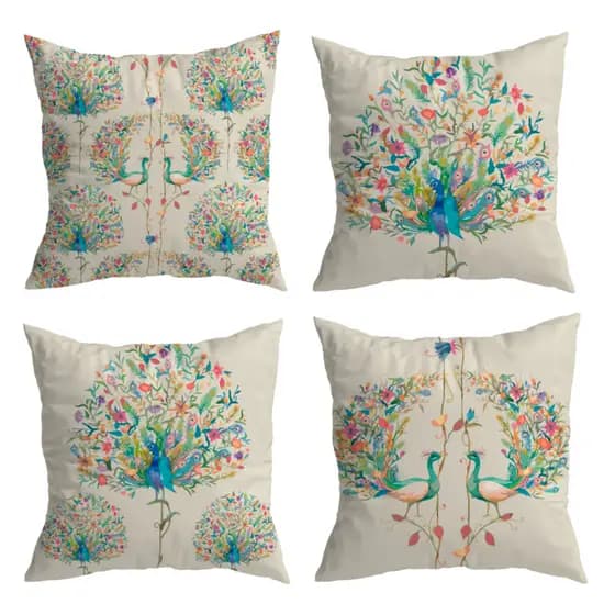 Kit de 4 Capas de Almofadas 45x45 cm Decorativa de Veludo Pavão Floral para Sofá e Cama