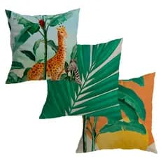 Kit de 3 Capas de Almofadas 45x45 cm Decorativa de Veludo Safari Trofical para Sofá e Cama