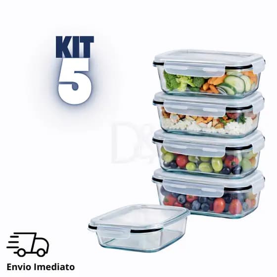 Kit 5 Potes Herméticos 350ml de Vidro com Tampa Marmita Freezer e Micro-ondas