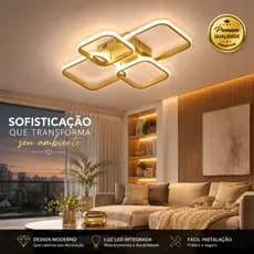 Plafon LED Dourado Moderno 48W 3 em 1 Quadrado Luxo Sala Quarto