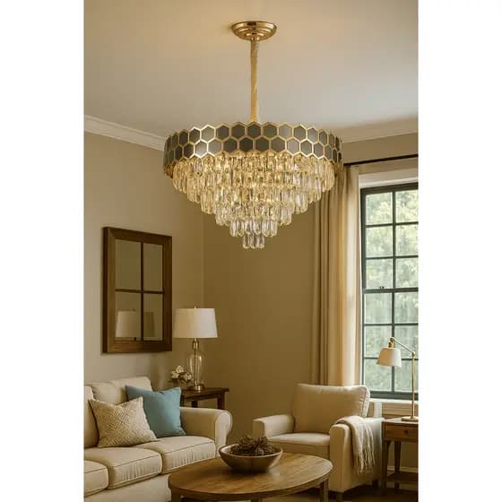 Lustre de Cristal Luxo com Acabamento Dourado e Design Hexagonal Elegante para Sala de Estar