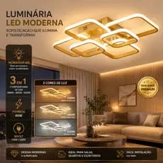 Plafon LED Quadrado Dourado Premium 46W | Iluminação Moderna com 3 Cores de Luz