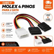 Cabo Adaptador Molex 4 Pinos Macho para 2 SATA Fêmea Energia HD SSD