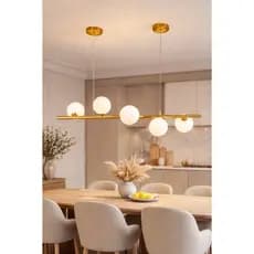 Pendente Linear Dourado Luxo com 5 Cúpulas Esféricas em Vidro – Sala de Jantar Moderna