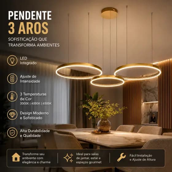 Lustre Pendente LED 60W Dourado 3 Anéis 3500K Moderno Nitrolux ILUSION-001D