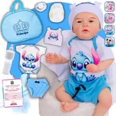 Bebê Reborn Boneco Menino Realista Stitch Original Corpinho Em Silicone Com Bolsa Maternidade