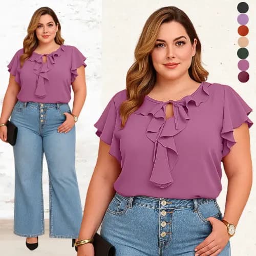 BLUSA PLUS SIZE BABADO FEMININO SOCIAL FEMININA MODA MODESTA BLUSAS FEMININAS FRESQUINHA CONFORTÁVEL TENDENCIA BASICA