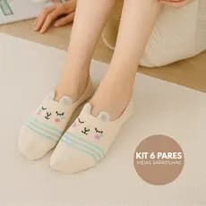 KIT 6 Pares Meia Sapatilha Feminina Adulto Algodão Bichinhos Infantil Cano Curto Divertida